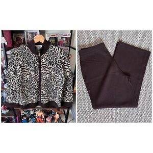 Vintage Y2K St. John Sport Knit Jacket Pants Set Women’s M 10 Leaf Print